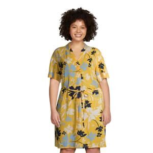 Time and Tru NWT Size XL Yellow Floral V-Neck Women's Woven Rayon Shirt Dress